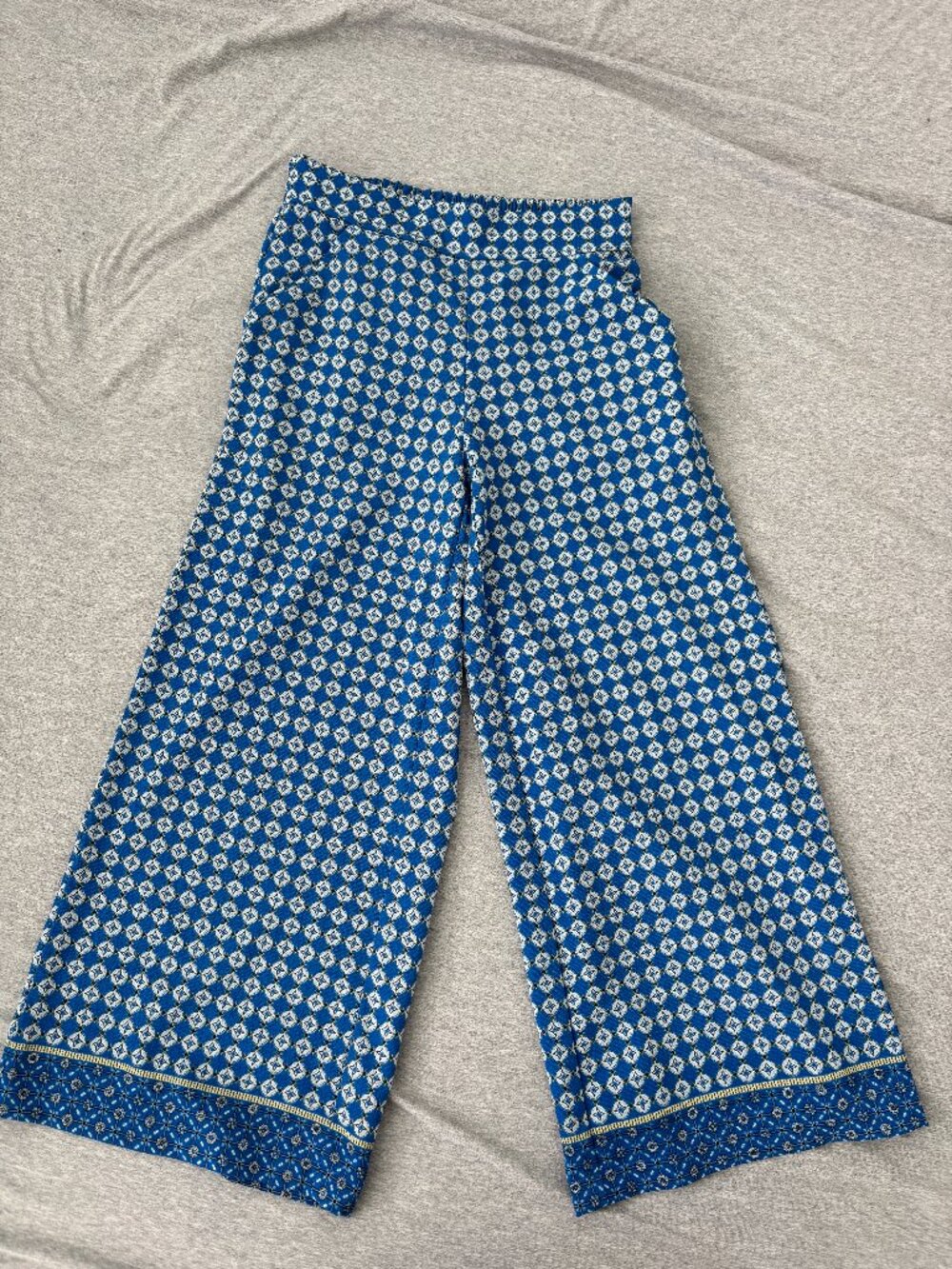 Max Studio Wide Leg Pants Womens XS Blue Geometric Tile Print Palazzo Slant Pock